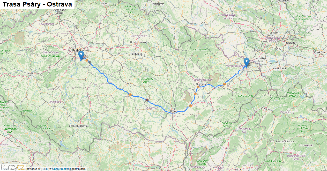 Psáry-Ostrava, mapa trasy