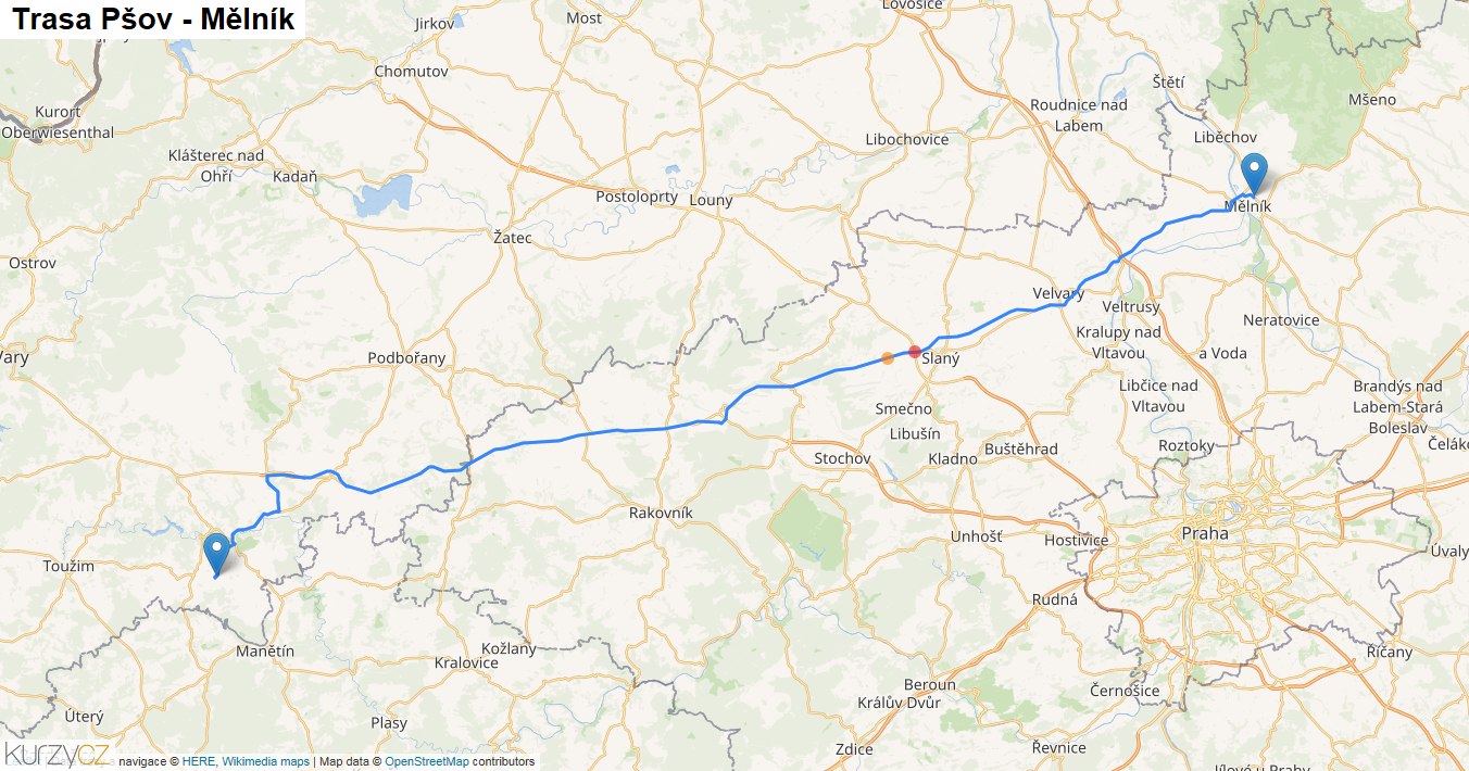 Pšov-Mělník, mapa trasy