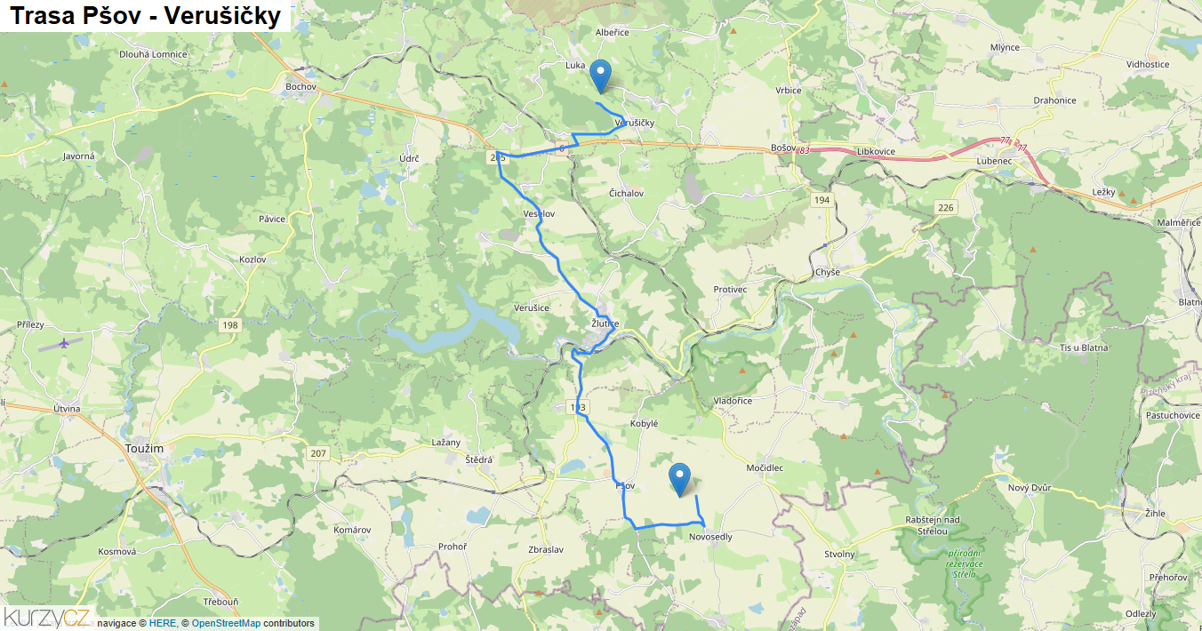 Pšov-Verušičky, mapa trasy