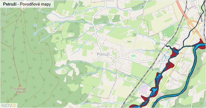 Pstruží - záplavové mapy stoleté vody