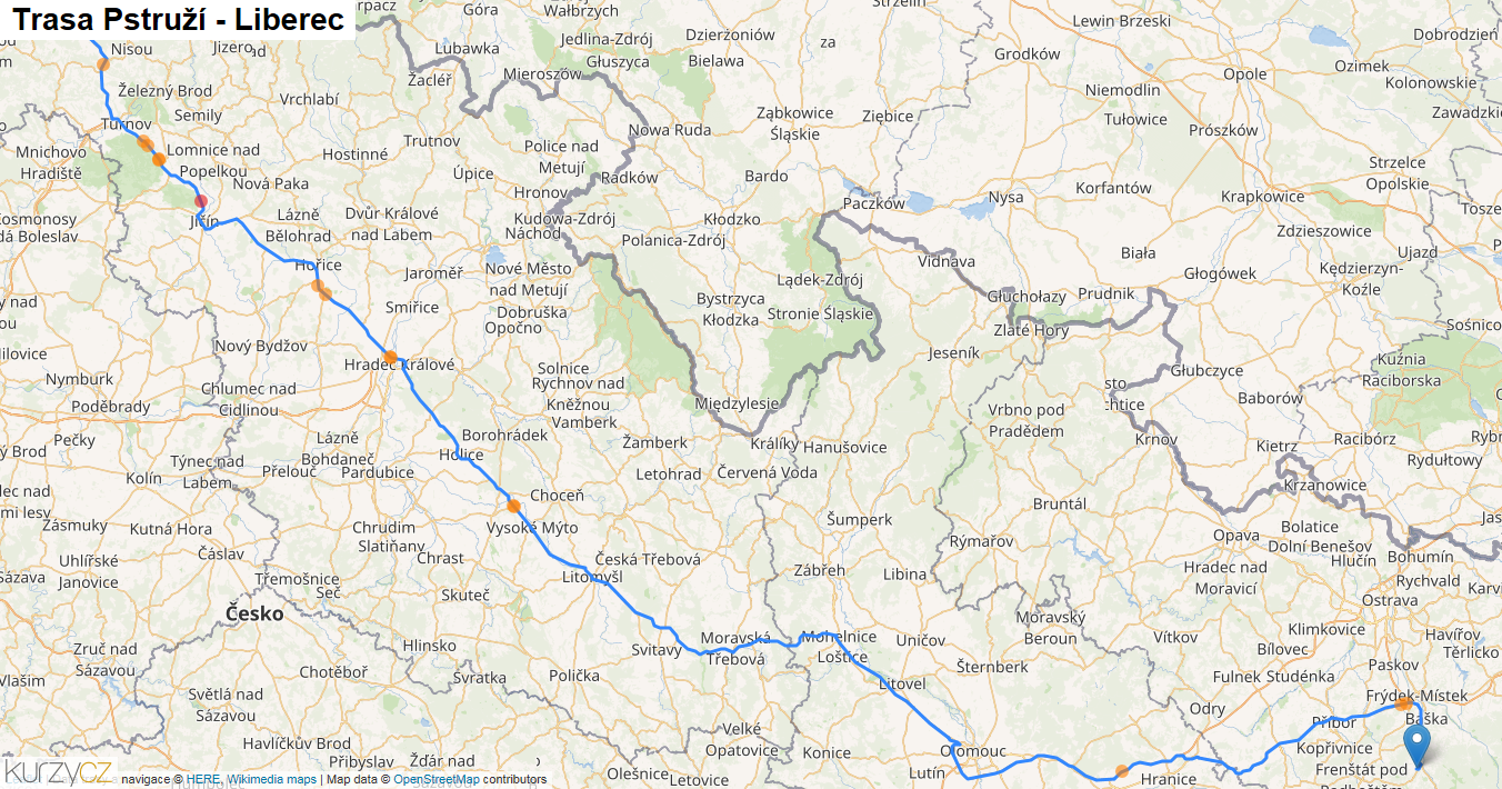 Pstruží-Liberec, mapa trasy