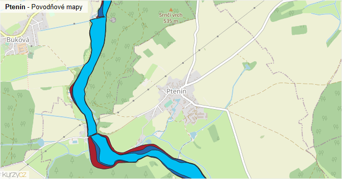Ptenín - záplavové mapy stoleté vody