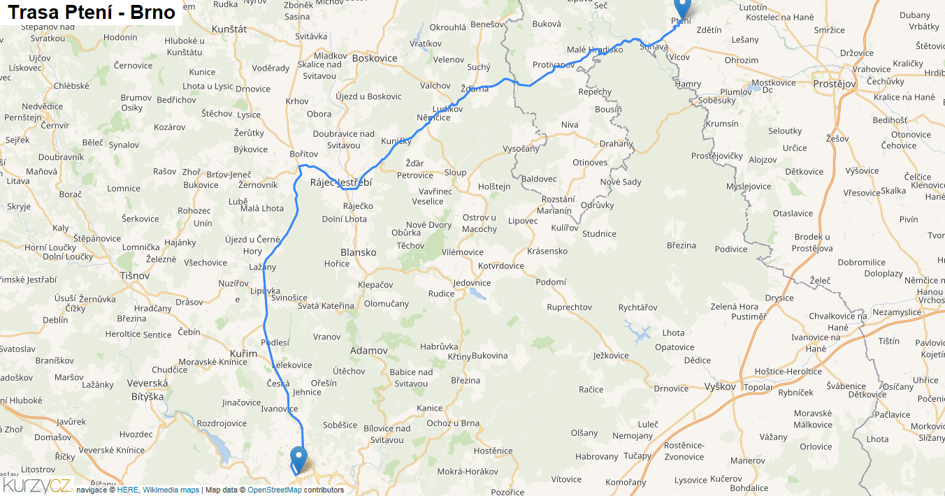 Ptení-Brno, mapa trasy