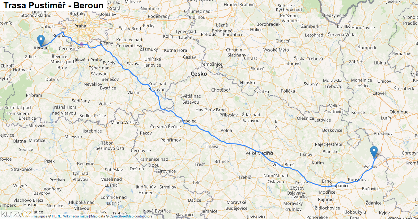 Pustiměř-Beroun, mapa trasy