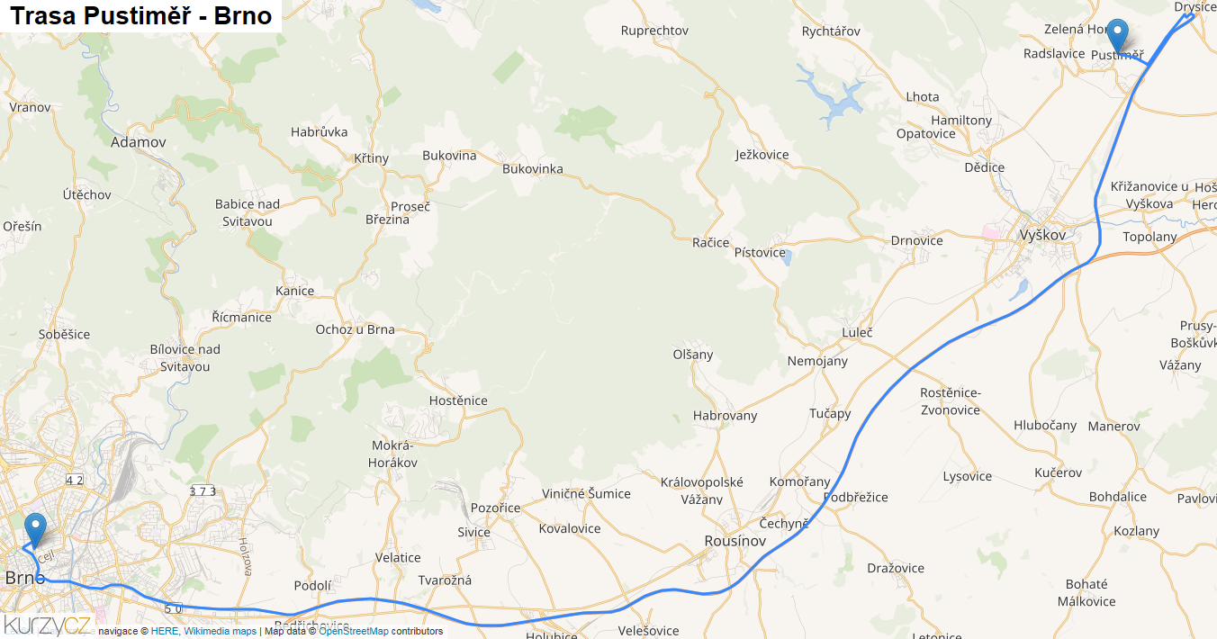 Pustiměř-Brno, mapa trasy