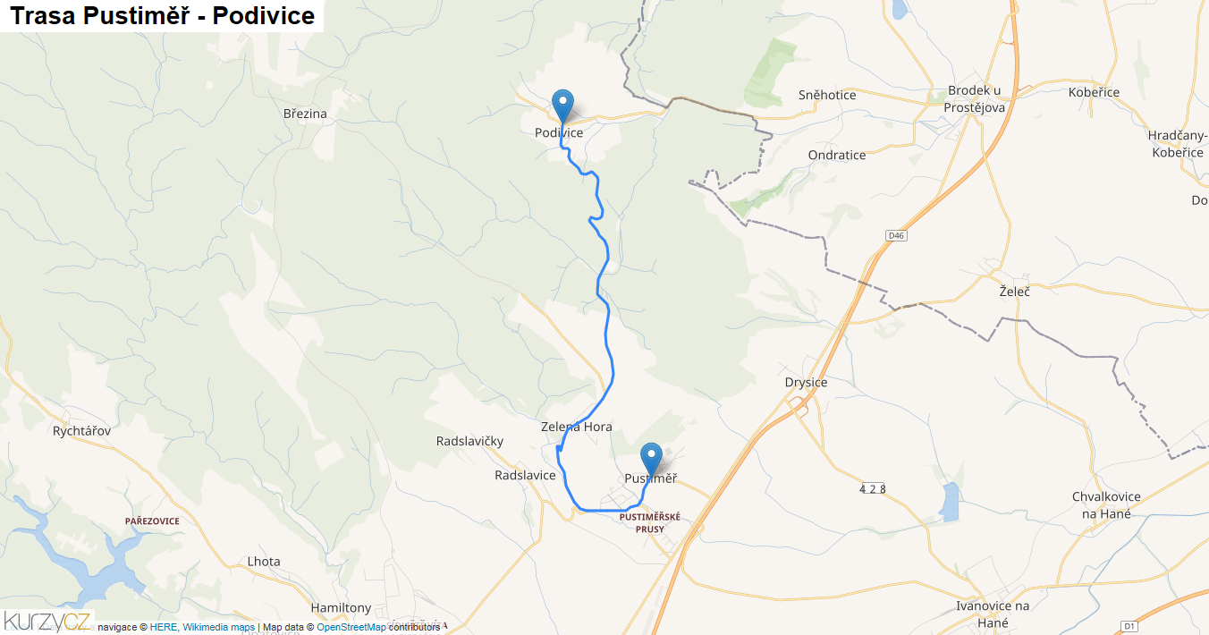 Pustiměř-Podivice, mapa trasy
