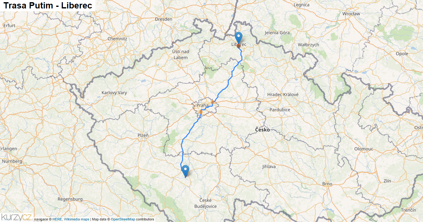 Putim-Liberec, mapa trasy