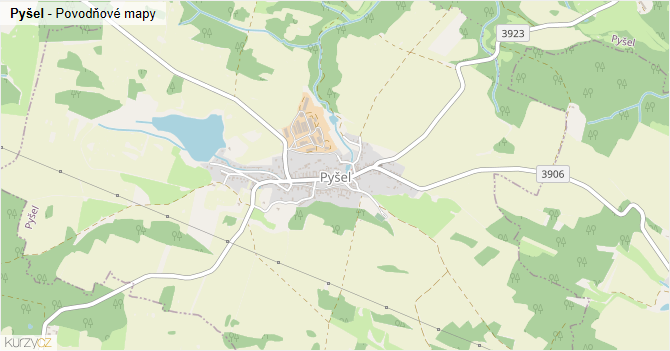 Pyšel - záplavové mapy stoleté vody