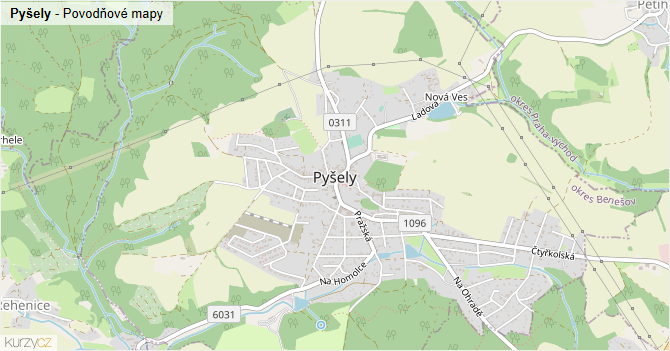 Pyšely - záplavové mapy stoleté vody