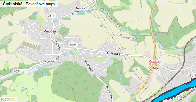 Čtyřkolská - záplavové mapy stoleté vody