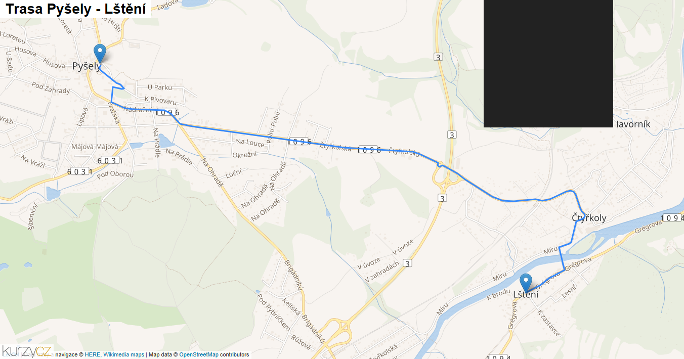 Pyšely-Lštění, mapa trasy