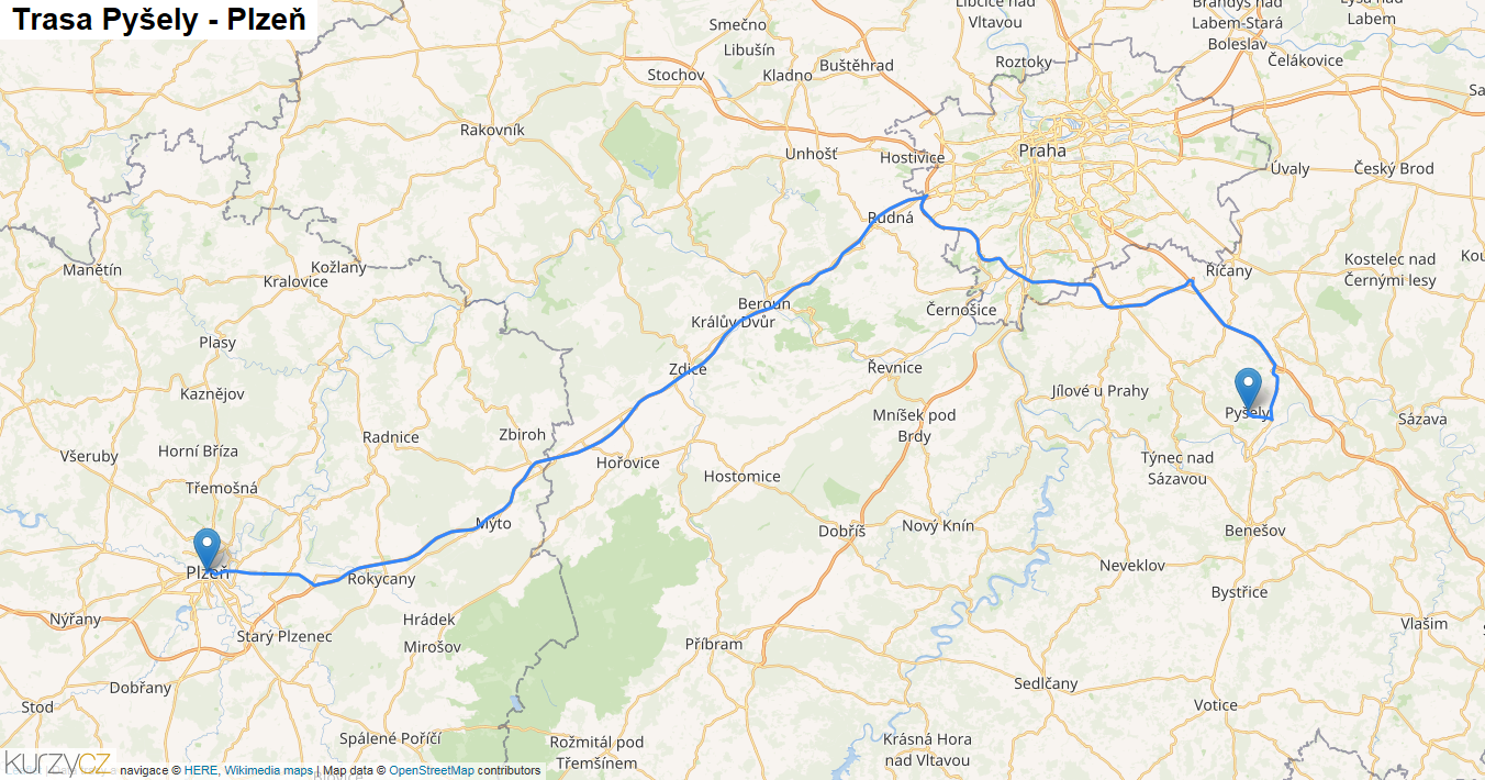 Pyšely-Plzeň, mapa trasy