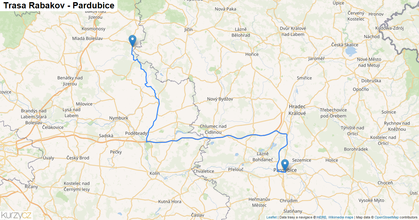Rabakov-Pardubice, mapa trasy