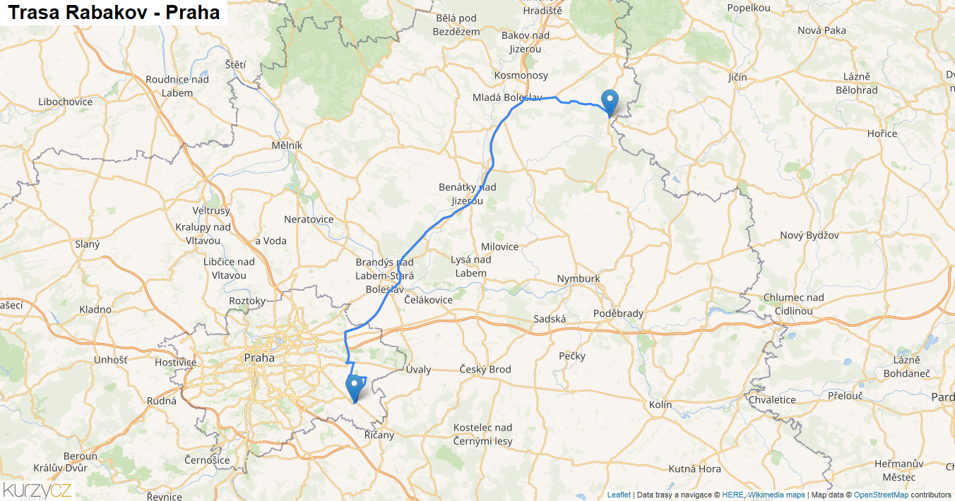 Rabakov-Praha, mapa trasy