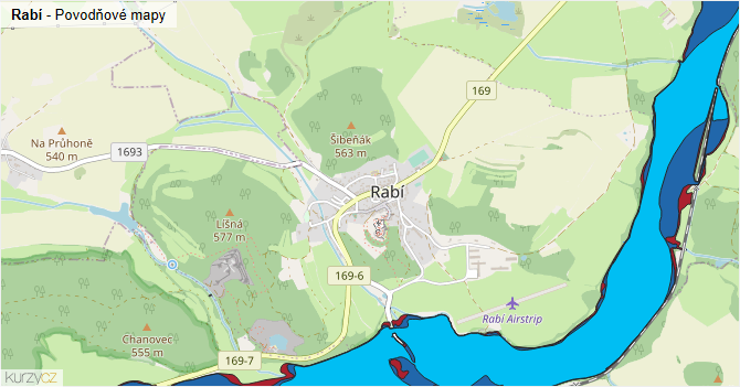 Rabí - záplavové mapy stoleté vody