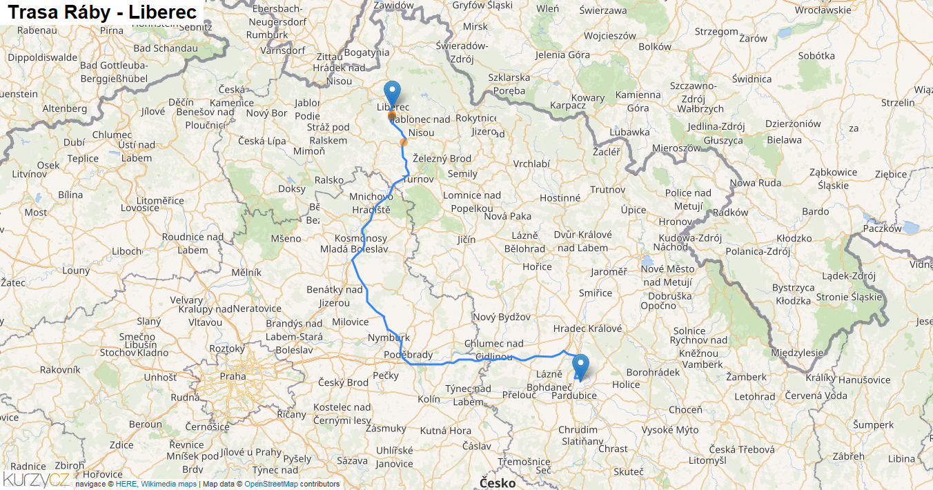 Ráby-Liberec, mapa trasy