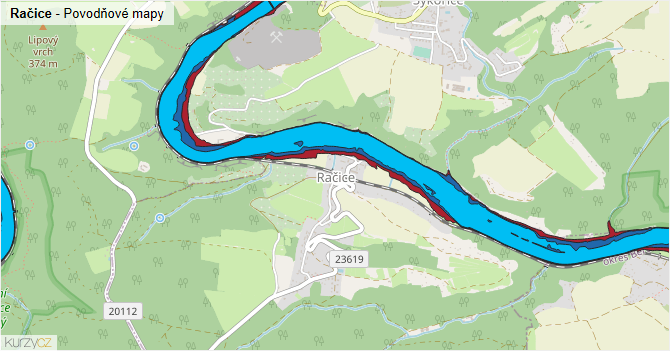 Račice - záplavové mapy stoleté vody