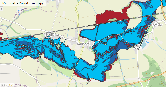 Radhošť - záplavové mapy stoleté vody