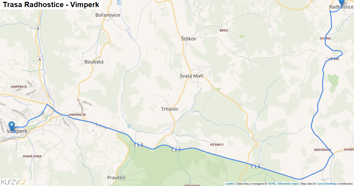 Radhostice-Vimperk, mapa trasy