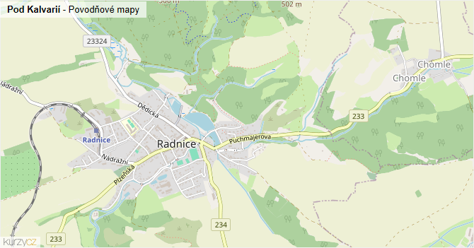 Pod Kalvarií - záplavové mapy stoleté vody