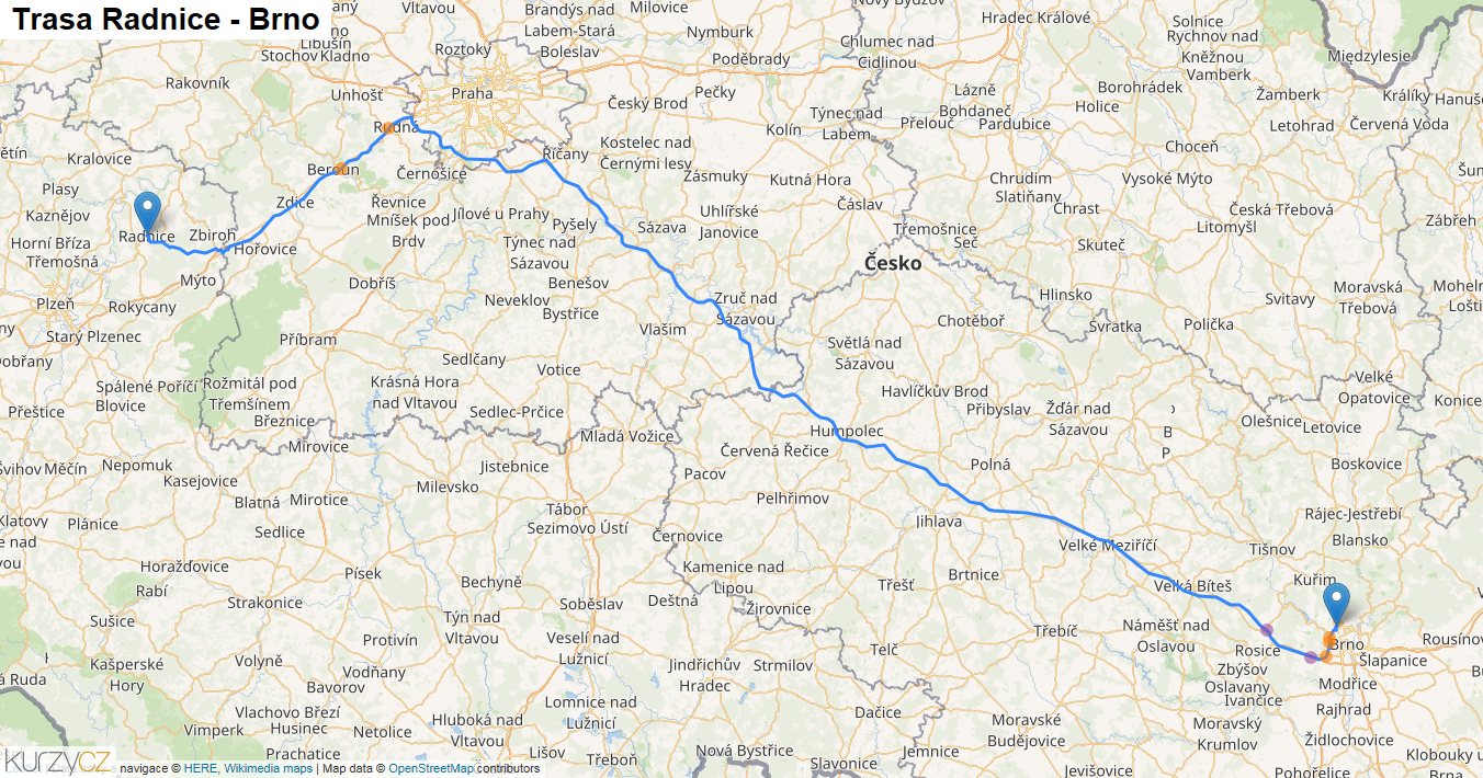 Radnice-Brno, mapa trasy