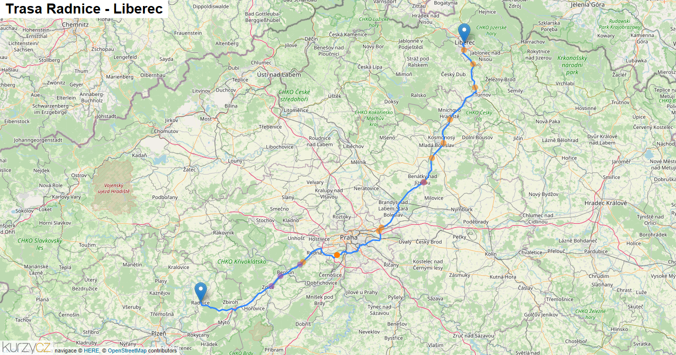 Radnice-Liberec, mapa trasy