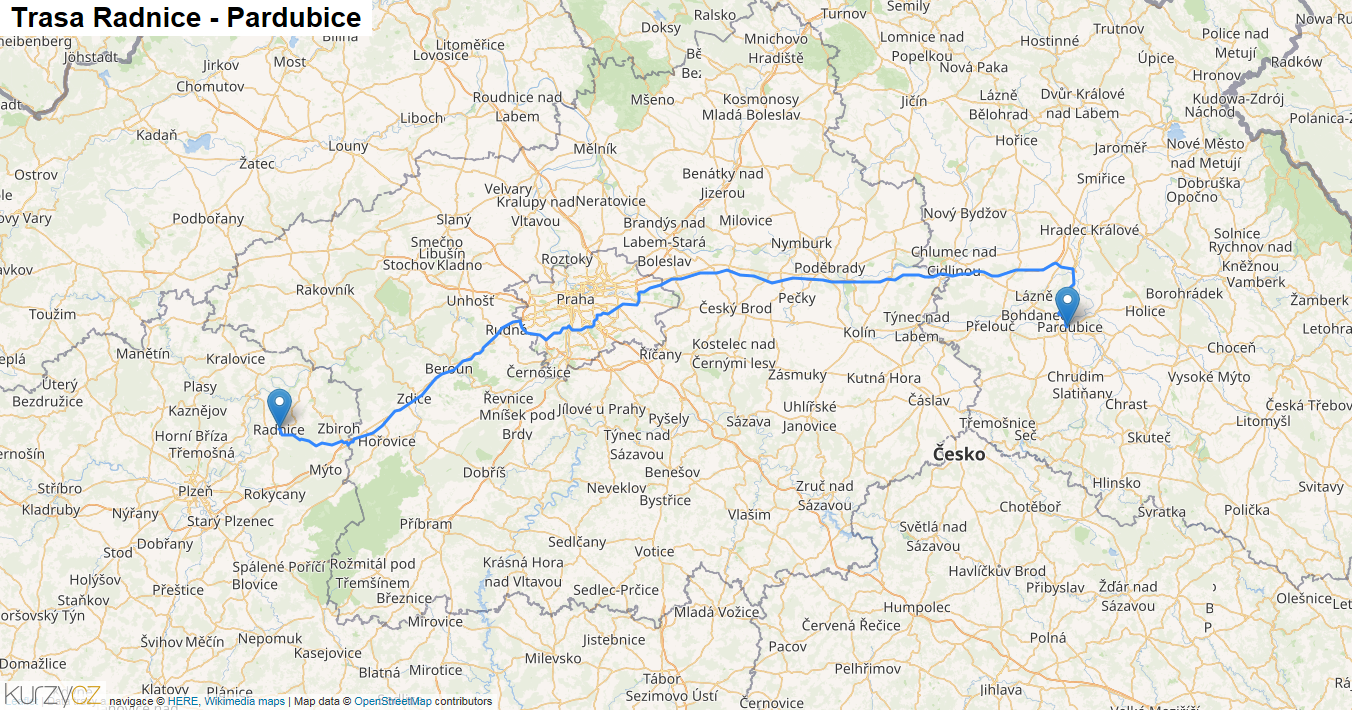 Radnice-Pardubice, mapa trasy