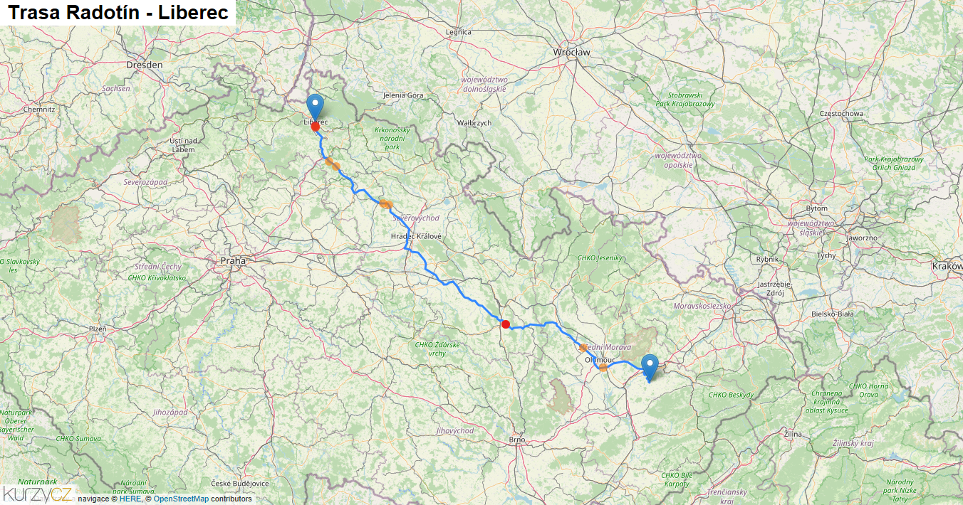 Radotín-Liberec, mapa trasy