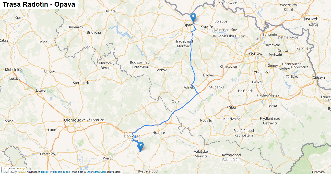 Radotín-Opava, mapa trasy