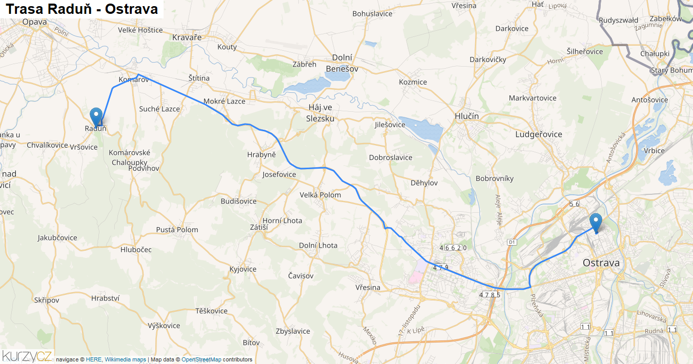 Raduň-Ostrava, mapa trasy
