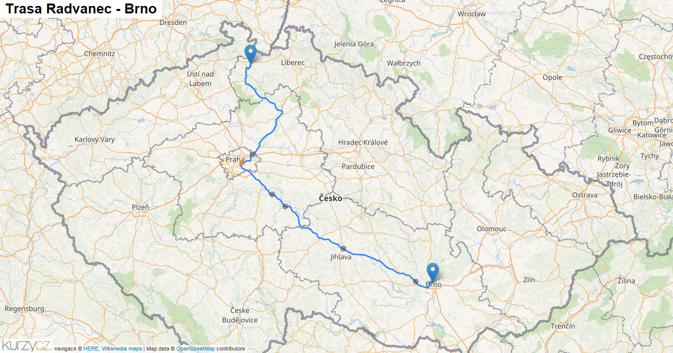 Radvanec-Brno, mapa trasy