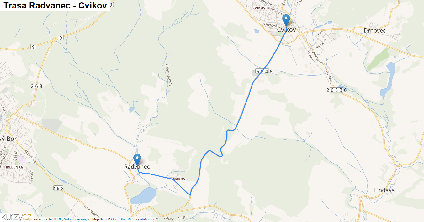 Radvanec-Cvikov, mapa trasy