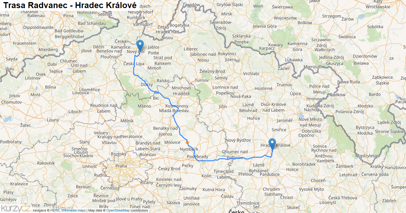 Radvanec-Hradec Králové, mapa trasy