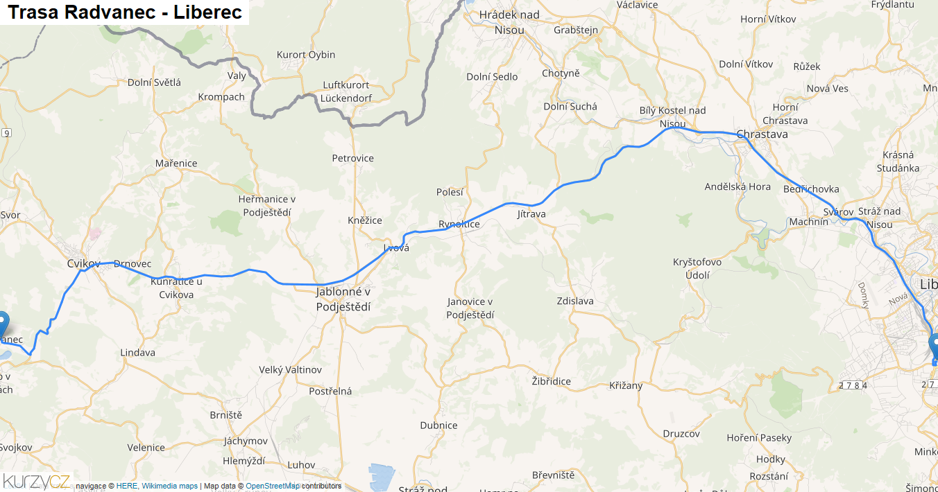 Radvanec-Liberec, mapa trasy