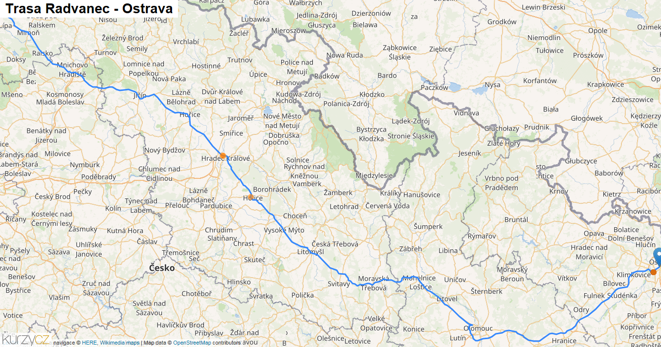 Radvanec-Ostrava, mapa trasy