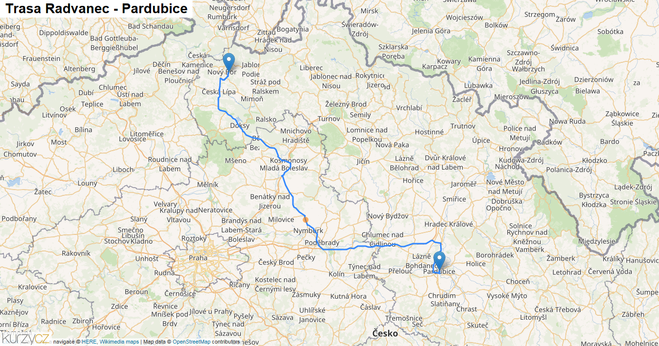 Radvanec-Pardubice, mapa trasy