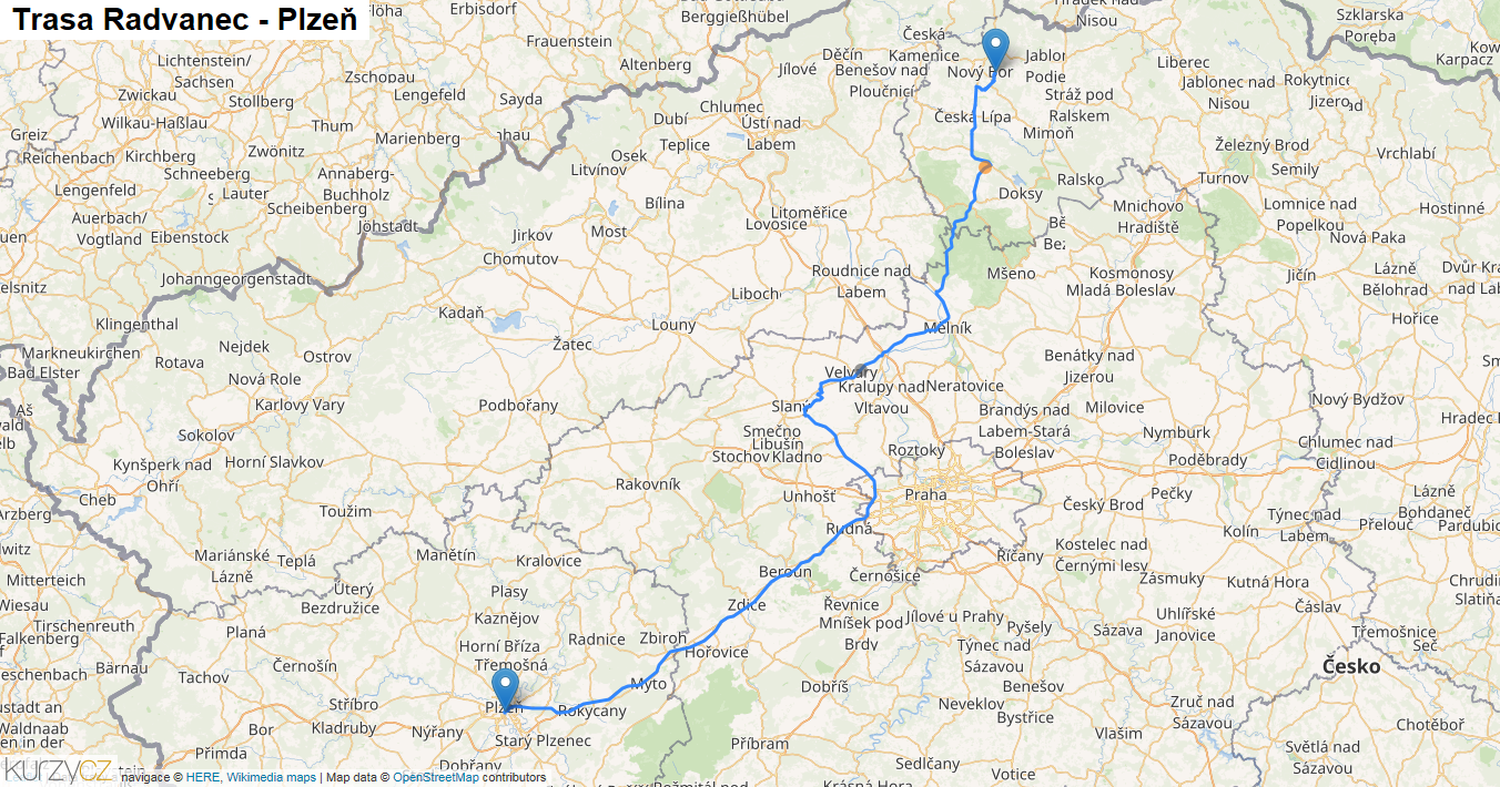 Radvanec-Plzeň, mapa trasy