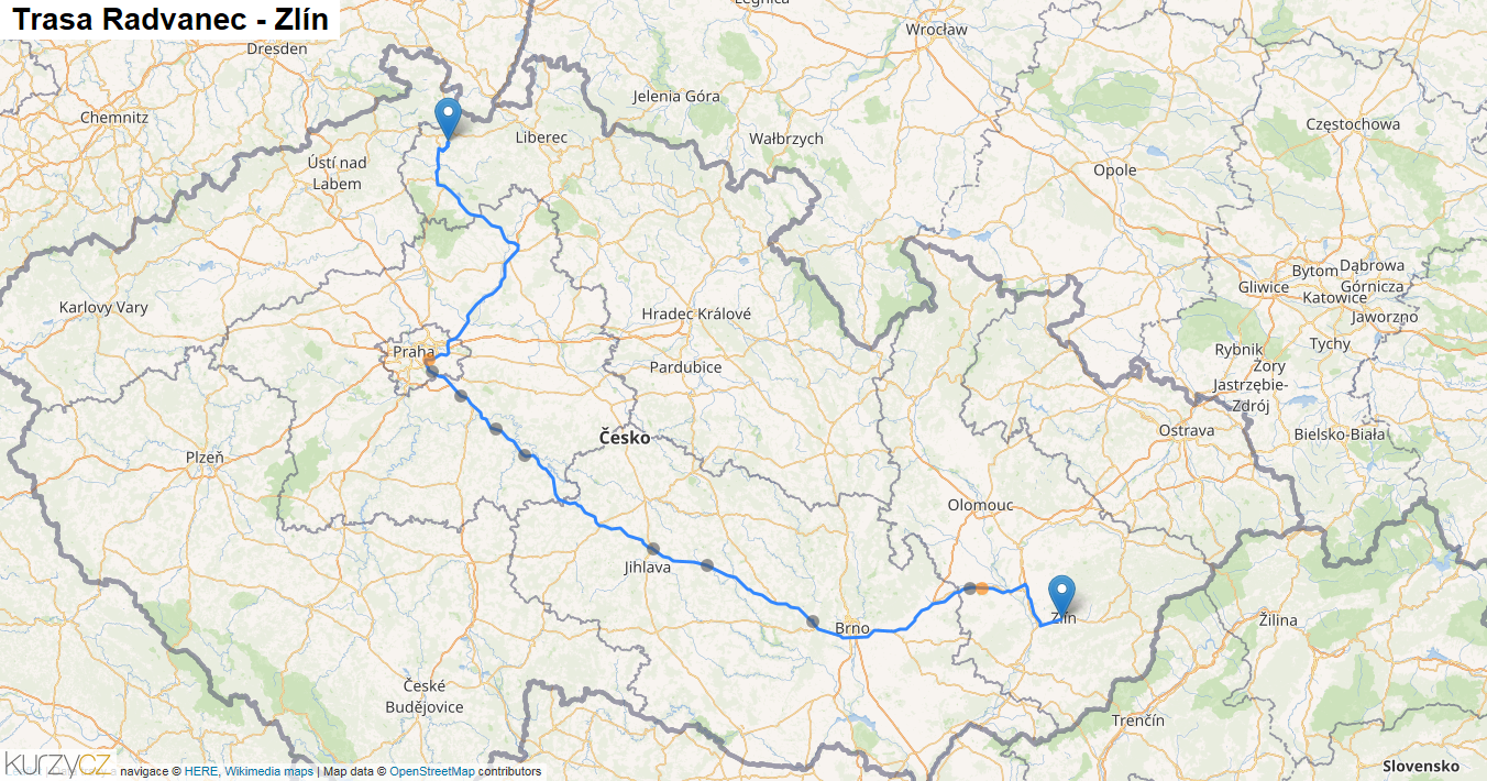 Radvanec-Zlín, mapa trasy