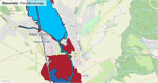 Blanenská - záplavové mapy stoleté vody