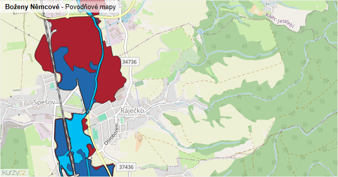 Boženy Němcové - záplavové mapy stoleté vody