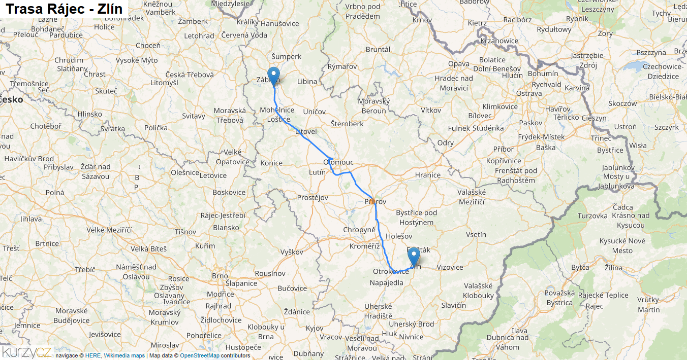 Rájec-Zlín, mapa trasy