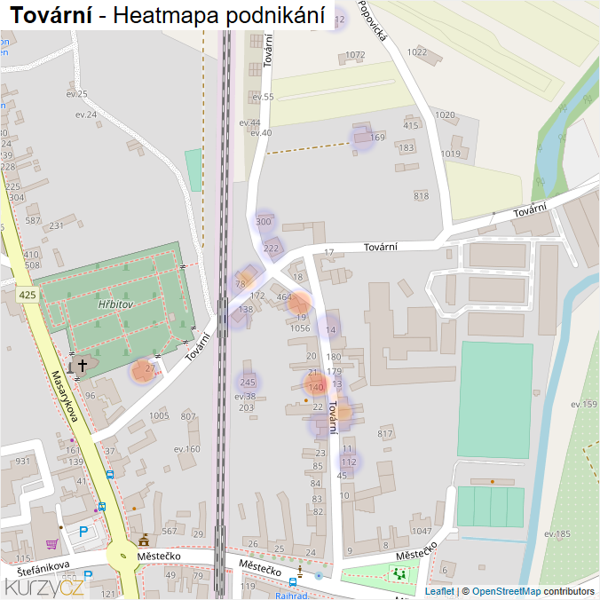 Mapa Tovární - Firmy v ulici.