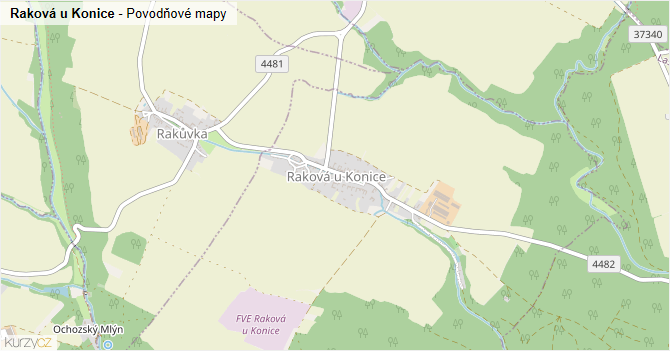 Raková u Konice - záplavové mapy stoleté vody