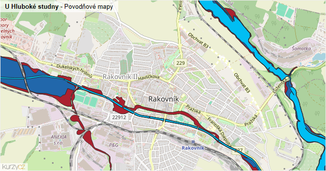 U Hluboké studny - záplavové mapy stoleté vody