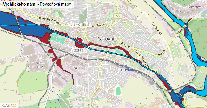 Vrchlického nám. - záplavové mapy stoleté vody