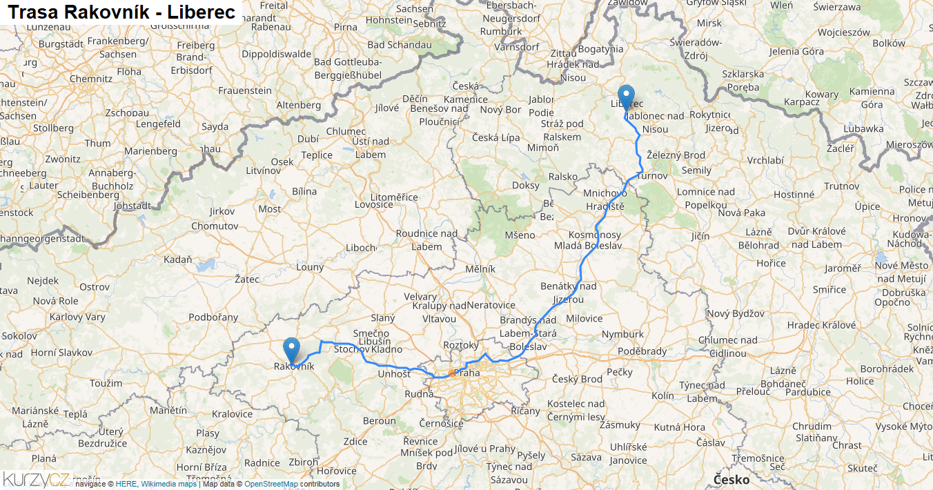 Rakovník-Liberec, mapa trasy