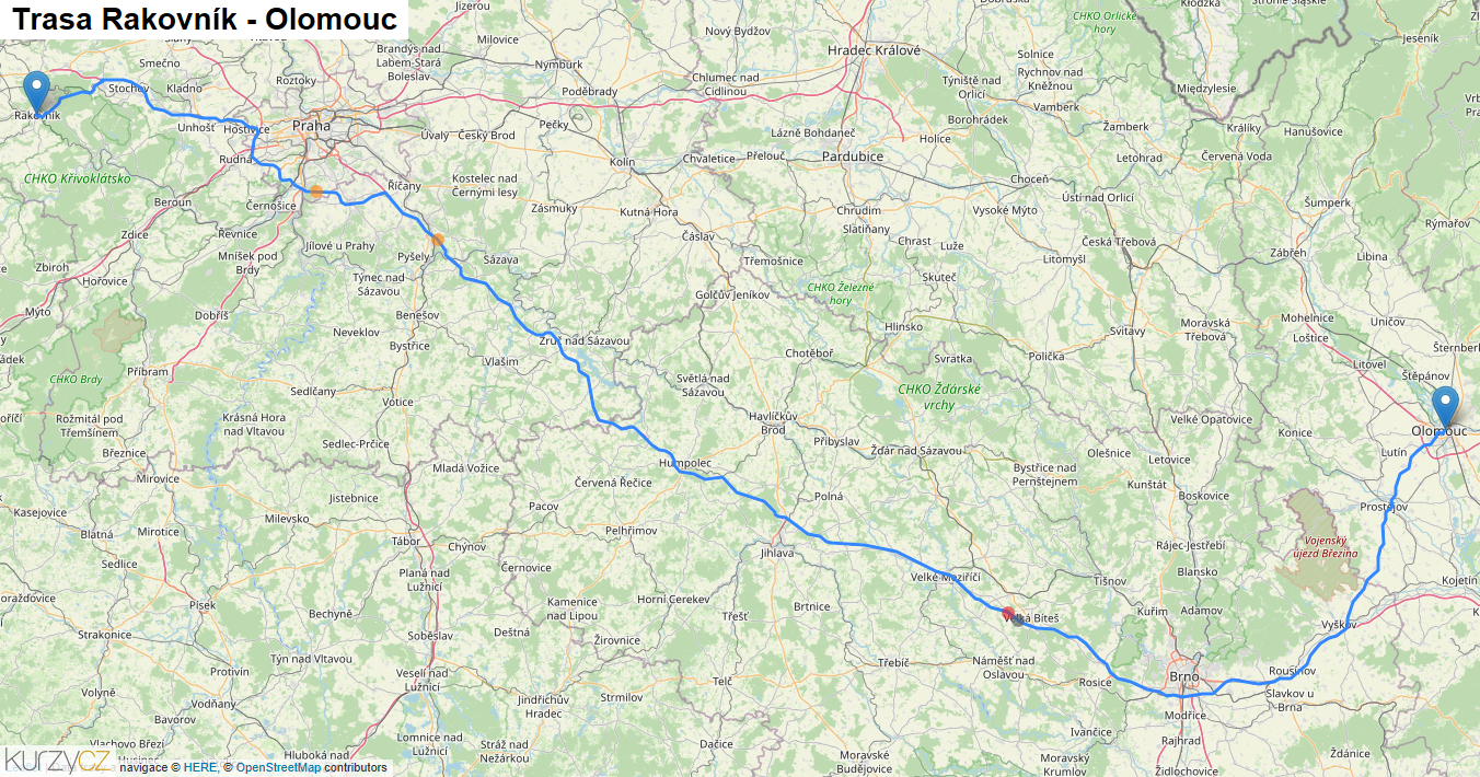 Rakovník-Olomouc, mapa trasy
