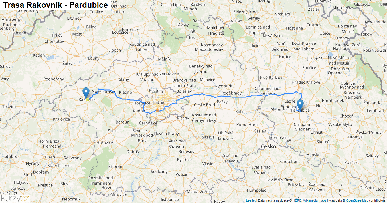 Rakovník-Pardubice, mapa trasy