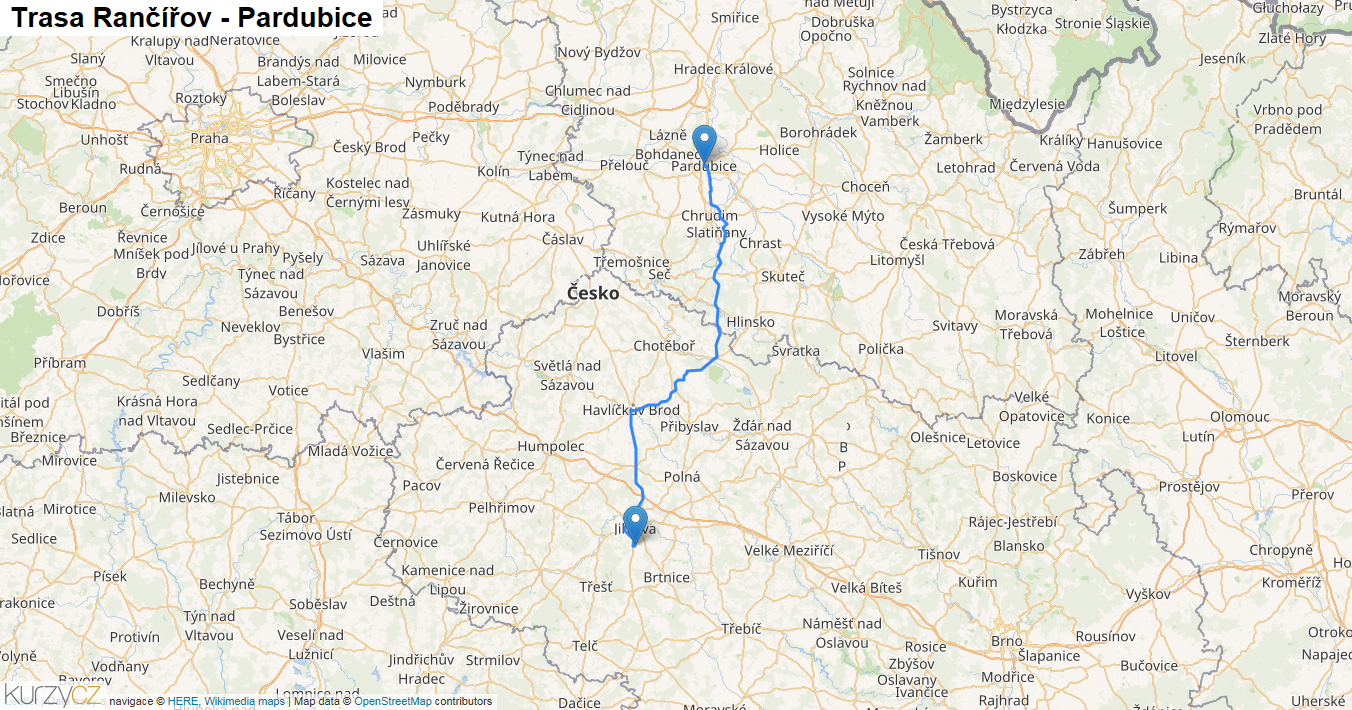 Rančířov-Pardubice, mapa trasy