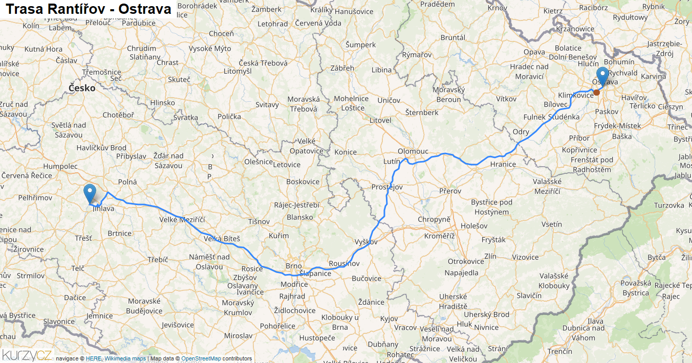 Rantířov-Ostrava, mapa trasy